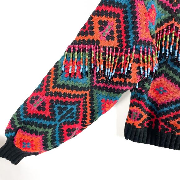 Farm Rio Rauti Sweater Beaded Tassel Turtleneck Multi Diamond Knit Sz XS - Picture 7 of 12